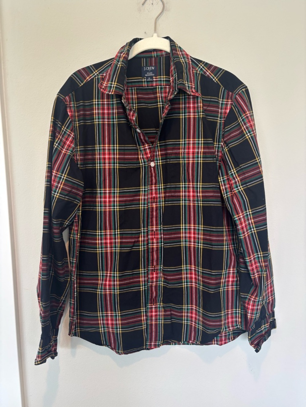 J. Crew Black Plaid Button-Down Shirt with Red and Green